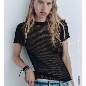 NWT NEW Zara black ribbed sheer top crew neck short sleeve